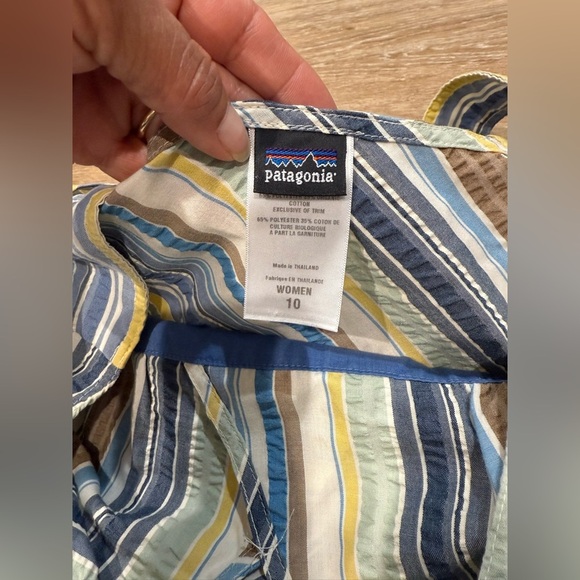 Patagonia Size 10 Netty V-neck Striped Tie Back Midi Dress - Blue, Yellow, Brown - Picture 2 of 9